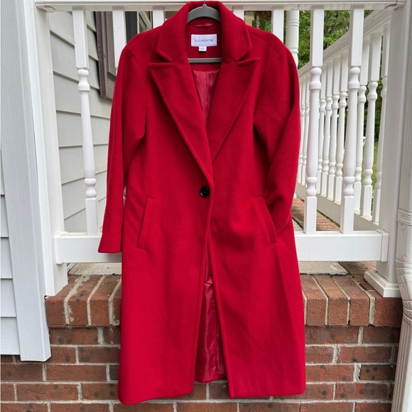 Liz Claiborne Red Trench Pea Coat Jacket Size Small Notch Collar Longline - Picture 2 of 6